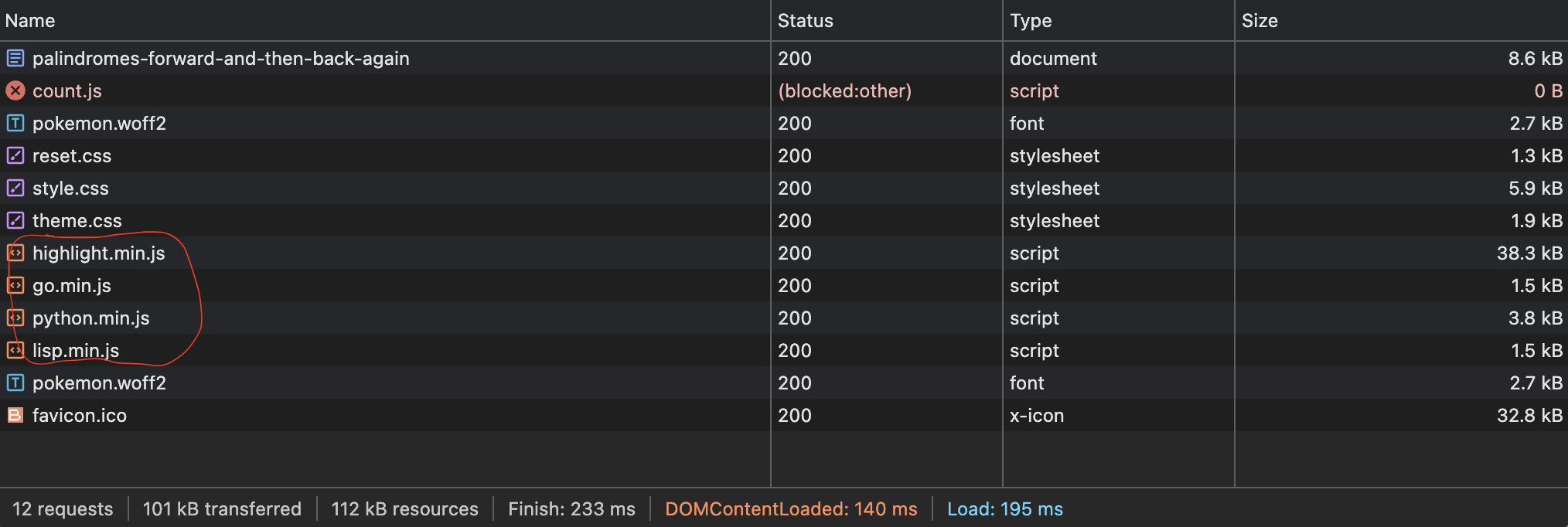 Resources
	downloaded for a particular web-page with markings for JavaScript files and
	total weight in kB transferred