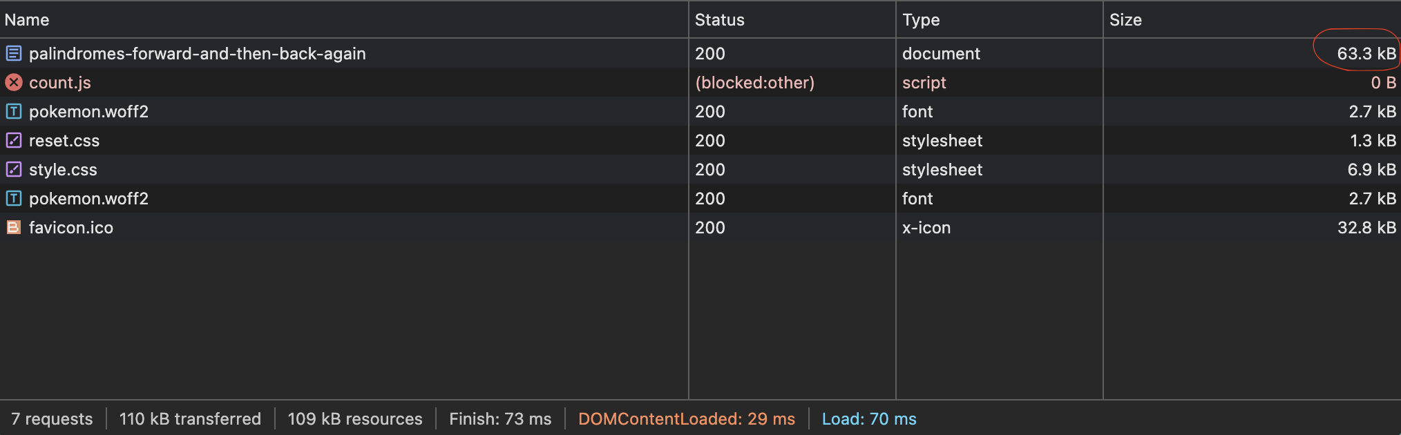 Resources downloaded
	for a particular web-page with markings for JavaScript files and total
	weight in kB transferred